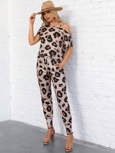 Cold-Shoulder Leopard Print Women's Asymmetrical Neckline Short Sleeve Top And Drawstring Waist Pocketed Pants Set